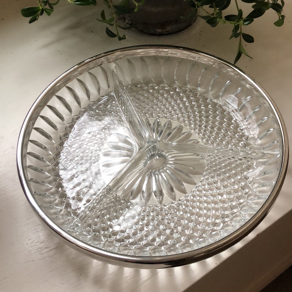 Vintage Cut Crystal Three Section Divided Dish with Silver Plate Rim